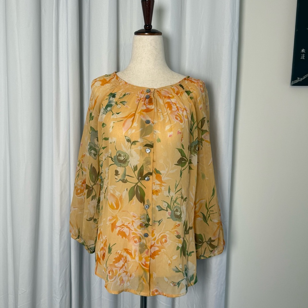 Sundance Silk Floral Peasant Blouse Yellow Boho Medium